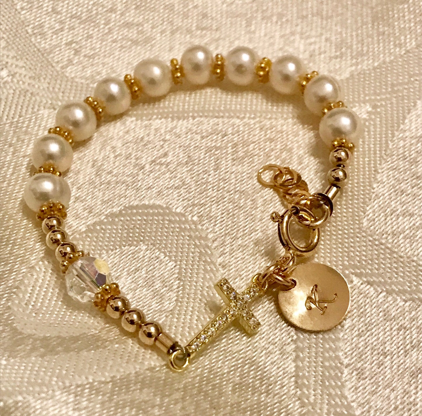 Personalized Gold Real Pearl Sideways Cross Rosary Bracelet,Baby Gold Bracelet,Gold Baptism Christening Bracelet,First Communion Bracelet