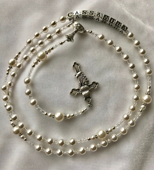 Personalized Pearl Rosary,First Communion Rosary,Christening Baptism Rosary,Religious Gift,Confirmation Sponser Gift Rosary,Godchild Rosary