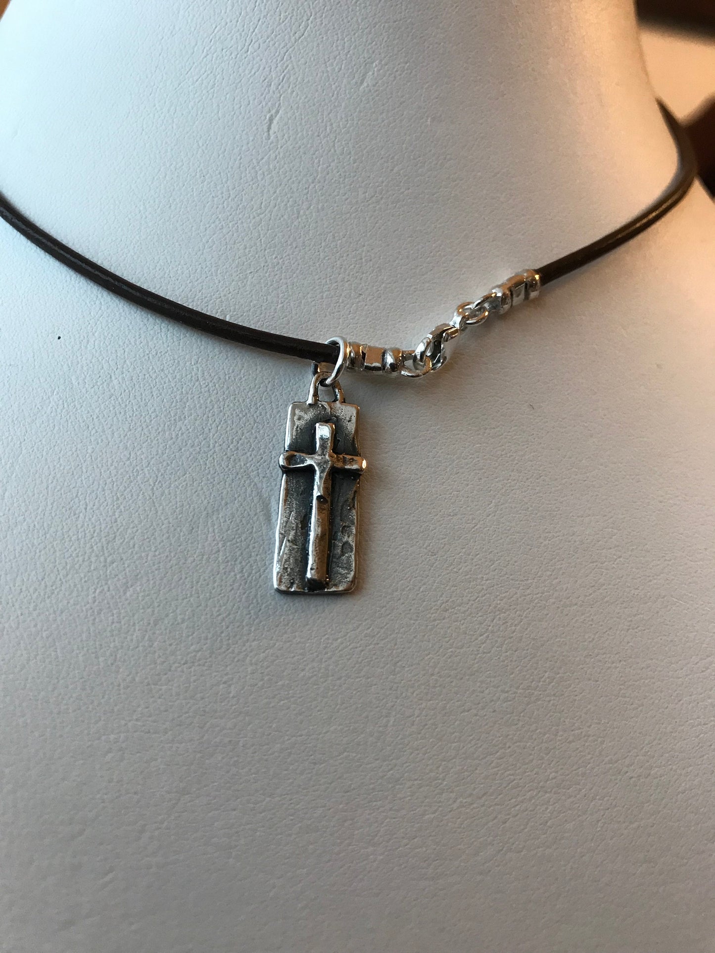 Silver Leather Cord Rectangle Cross Boy Necklace,First Communion Boy Necklace Gift,Confirmation Boy Necklace,Baptism Necklace,Cross Necklace