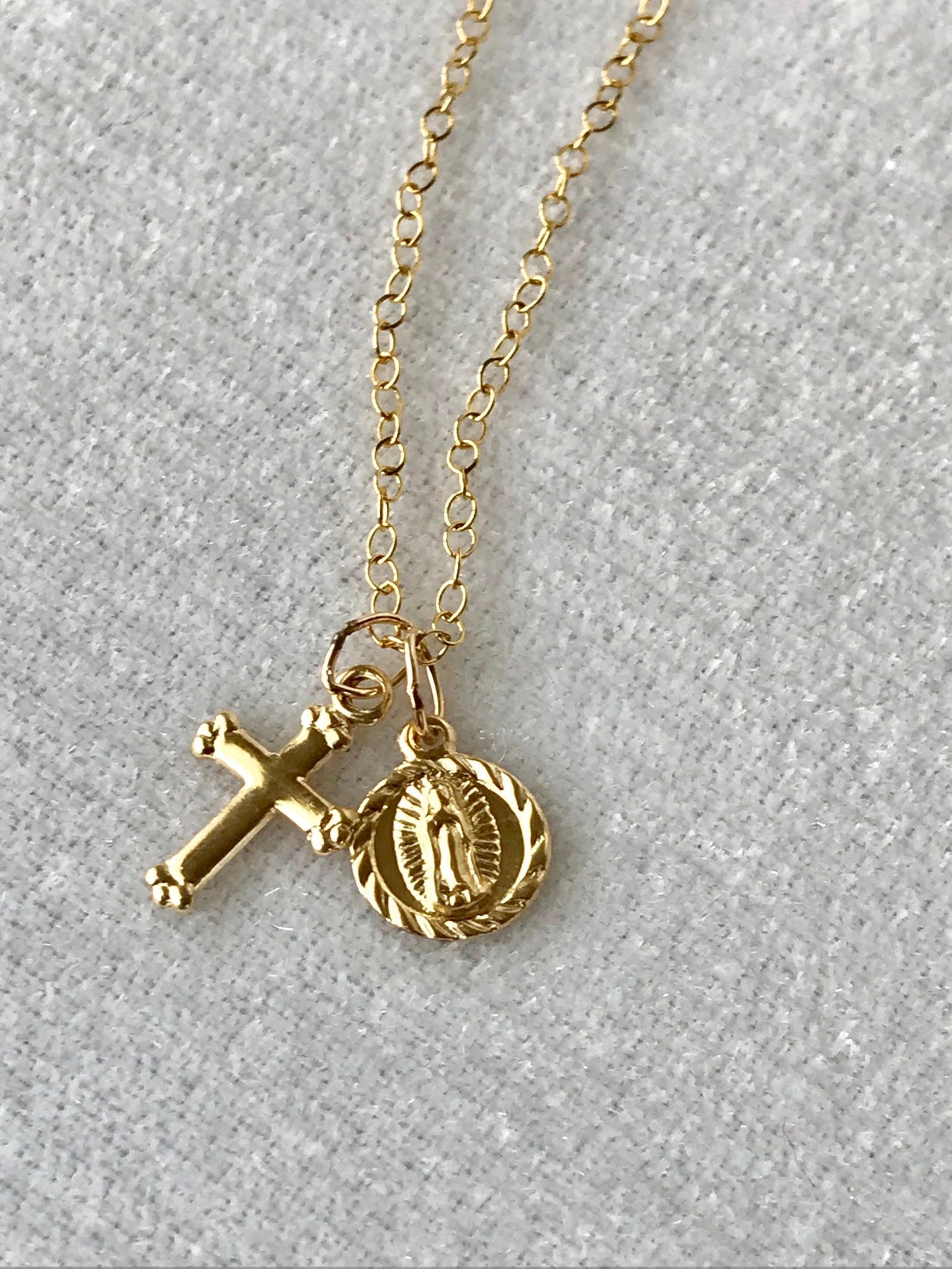 Tiny Gold Cross and Virgin Virgin Guadalupe Medal Mary Necklace