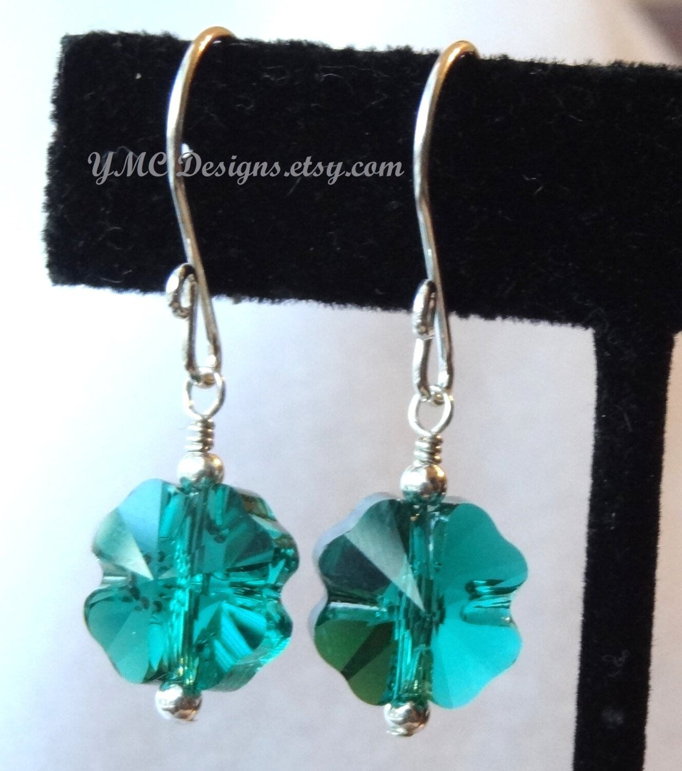 Sterling Silver Crystal Green Clover Earrings, Lucky Earrings, hamrock Earrings,Irish Clover Earrings,St. Patrick's Day Jewelry,Green Dangle