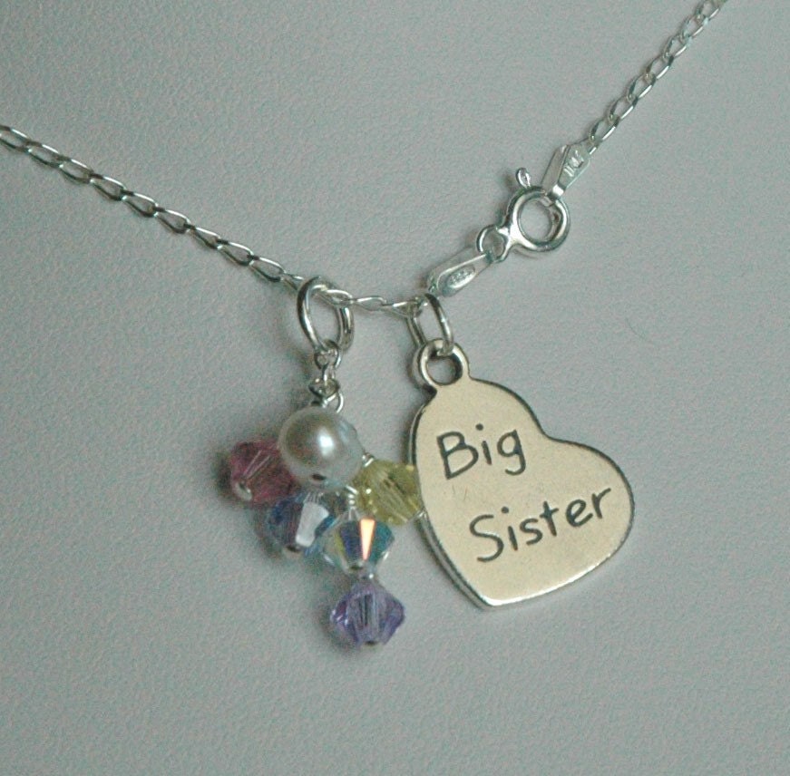 Sterling Silver Little Sister/Big Sister Heart Charm Necklace,Freshwater Pearl Necklace,Multicolor Dangle Pendant,Lil Sis - Big Sis Necklace