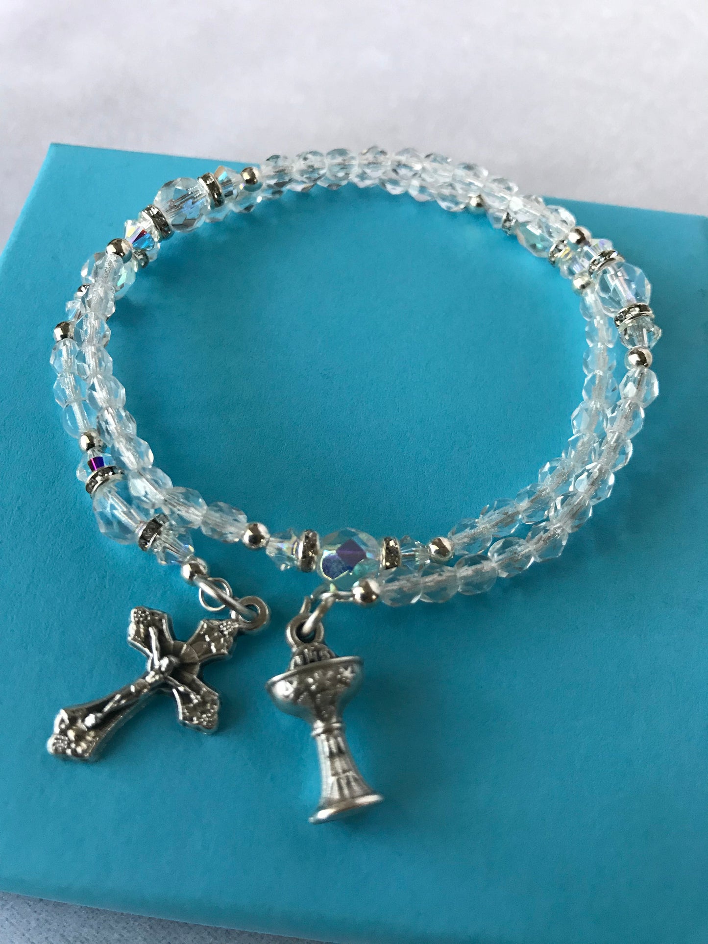 First Holy Communion Rosary Bracelet, Rosary Bracelet, Crystal Clear Rosary Bracelet, Five Decade Wrap Rosary, Memory Wire Rosary Bracelet