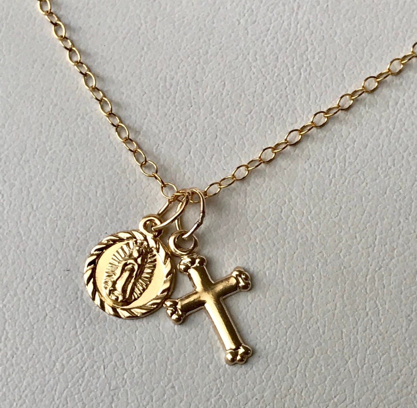 Tiny Gold Cross and Virgin Virgin Guadalupe Medal Mary Necklace