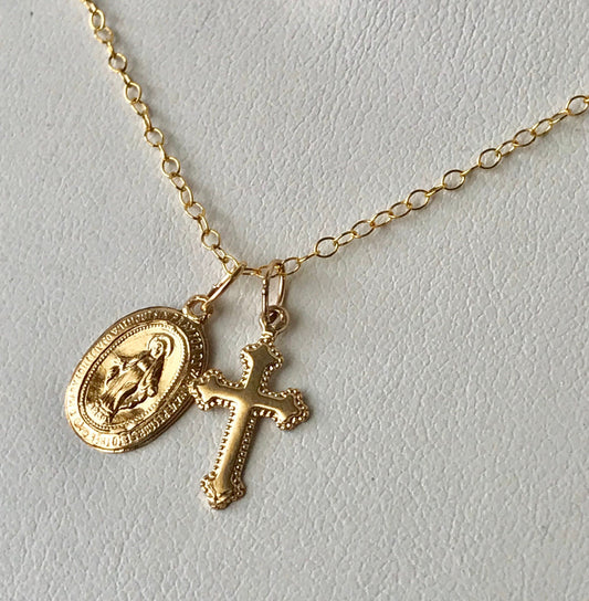Small Gold Cross and  Miraculous Virgin Mary Medal Necklace