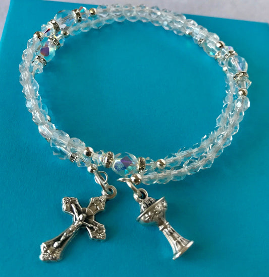 First Holy Communion Rosary Bracelet, Rosary Bracelet, Crystal Clear Rosary Bracelet, Five Decade Wrap Rosary, Memory Wire Rosary Bracelet