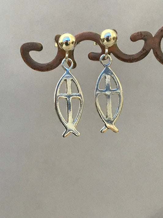 Sterling Silver Ichthys Christian Fish Earrings,Christian Symbol Earrings,Ichthys Earrings,Fish (Ichthus) Dangle Earrings,Cross Earrings