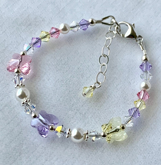 Crystal Butterfly Bracelet,Flower Girl Bracelet,Yellow Violet Pink Bracelet,Pastel Bracelet,Pink Bracelet,Butterflies Bracelet,Easter Basket