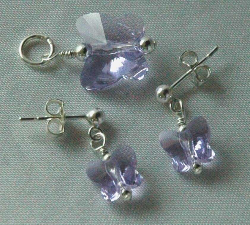 Violet Butterfly Earrings,Crystal Butterfly Earrings,Purple Butterfly Earrings,Gift For Toddler Girls,Sterling Silver Butterflies  Earrings
