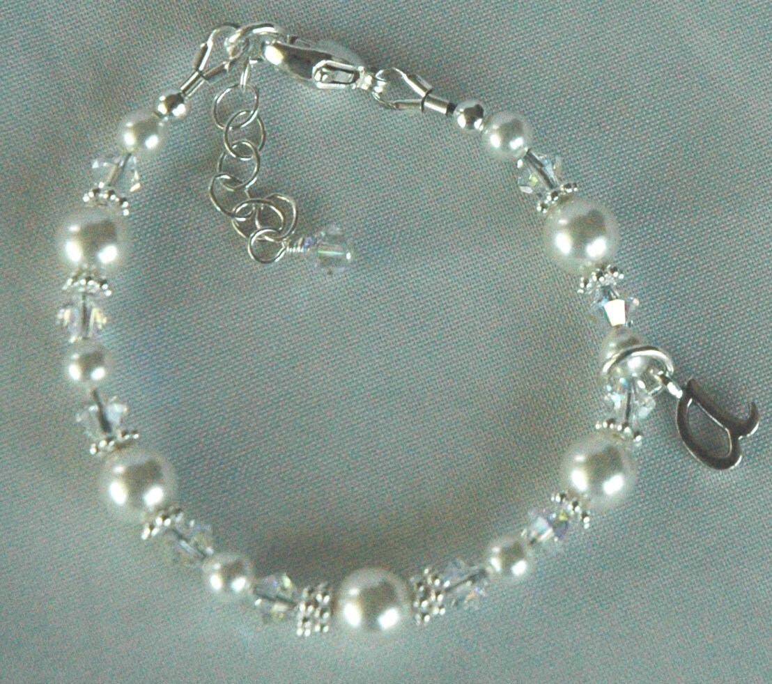 Simple PRESTIGE Crystal Pearl Initial  Baby Girl Children Bracelet,Baptism Christening Pearl Bracelet,Pearl Bracelet,Baby Pearl Bracelet