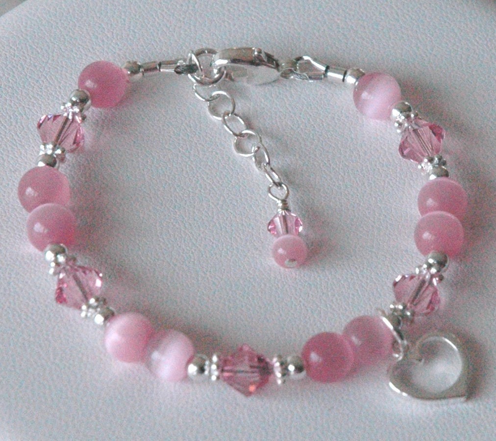 Pink Rose Bracelet, Cat Eye and PRESTIGE Crystal Cube Sterling Silver Children Bracelet,Flower Girl Bracelet,Pink Bracelet For Little Girls