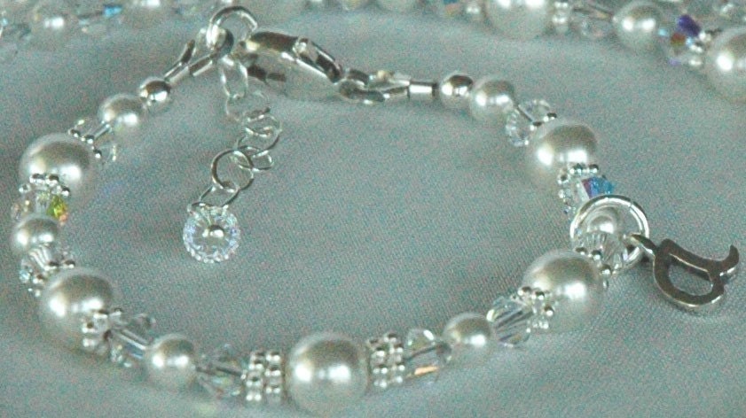 Children Pearl Initial Bracelet Necklace,Flower Girl Pearl Jewelry Set,Baptism Christening First Holy Communion Jewelry, Baby Pearl Jewelry