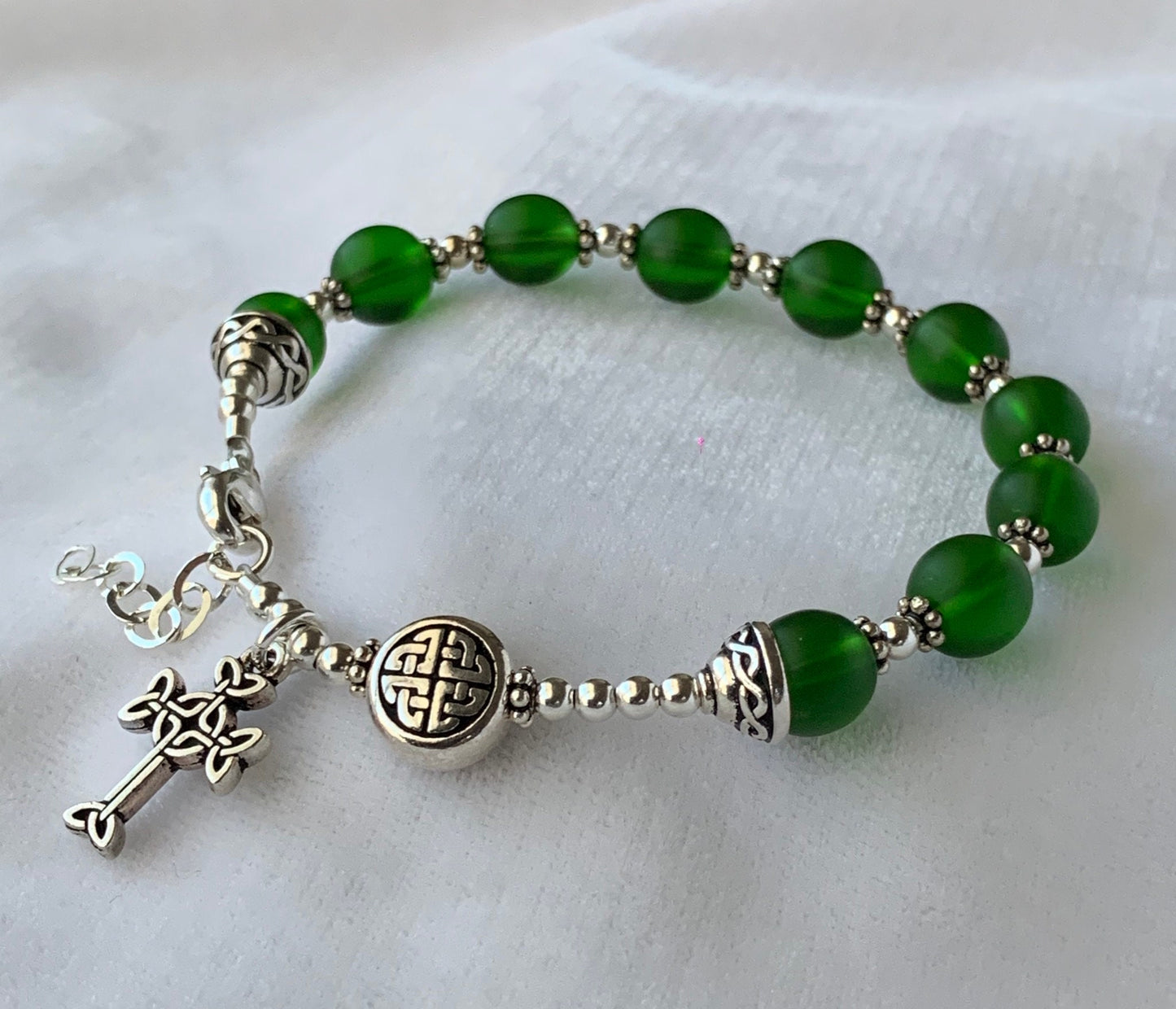 Celtic Sea Glass Green Rosary Bracelet, Sterling Silver Celtic Rosary Bracelet, One Decade Rosary Bracelet,Celtic Irish Knot Rosary Bracelet