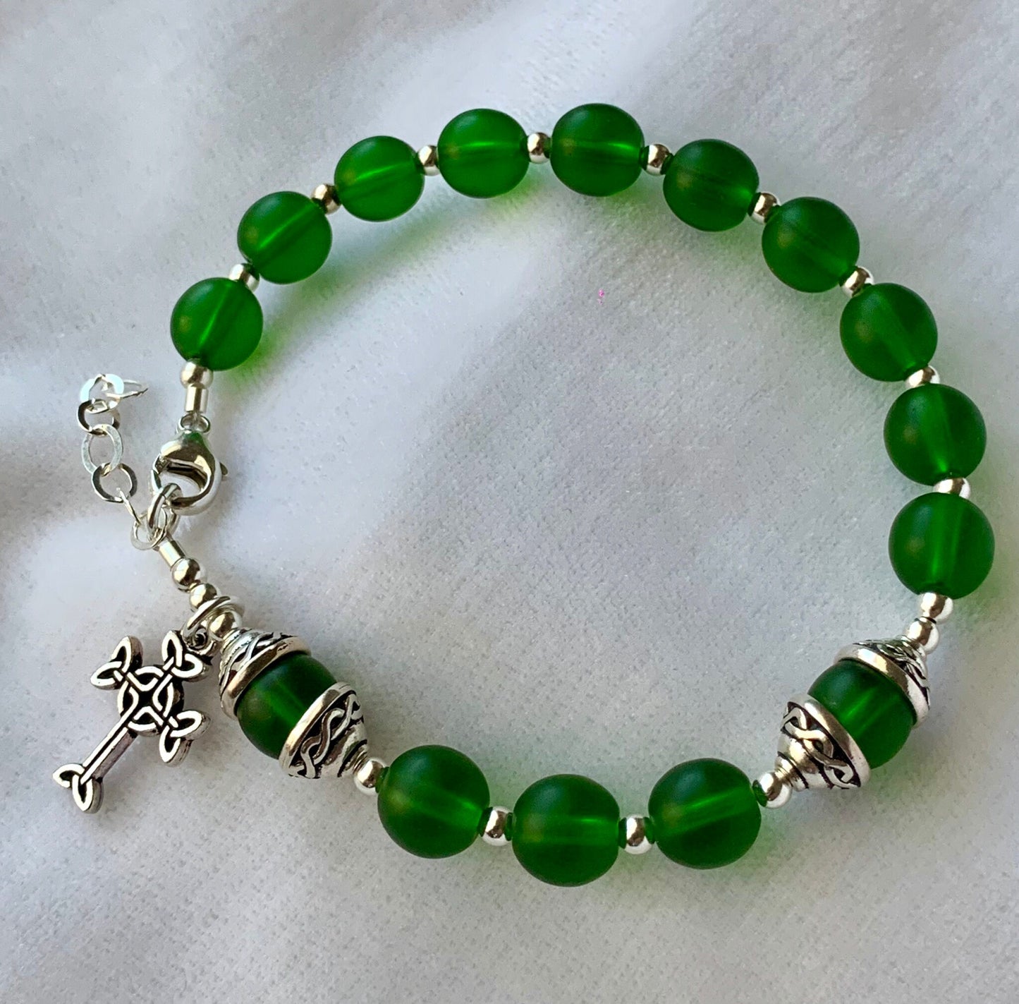 Green Celtic Sea Glass Rosary Bracelet,Celtic Rosary Bracelet,One Decade Rosary Bracelet, Celtic Irish Knot Rosary Bracelet, First Communion