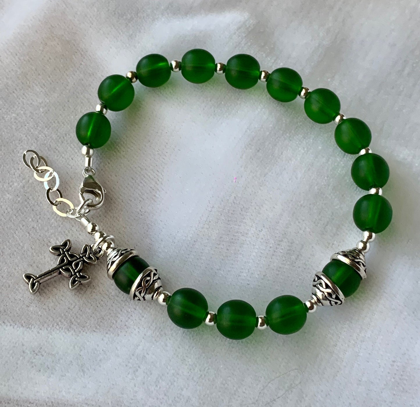 Green Celtic Sea Glass Rosary Bracelet,Celtic Rosary Bracelet,One Decade Rosary Bracelet, Celtic Irish Knot Rosary Bracelet, First Communion