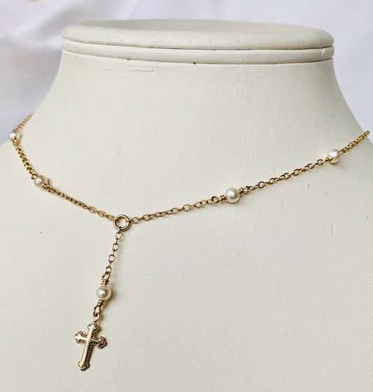 Gold Cross and Pearl Necklace,Gold Cross Necklace,First Communion Necklace,Everyday Religious Jewelry,Catholic Gift,Confirmation Necklace