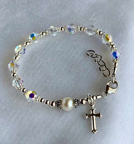 Sterling Silver Freshwater Pearl  and Crystal First Holy Communion Rosary Bracelet