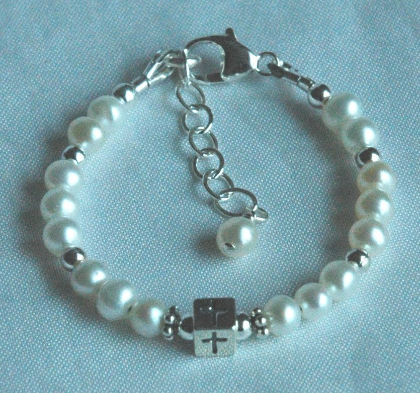 Real Pearl Christening Bracelet,Crystal and Pearls Cross Baptism Bracelet,First Communion Pearl Bracelet,Confirmation Cross Pearl Bracelet