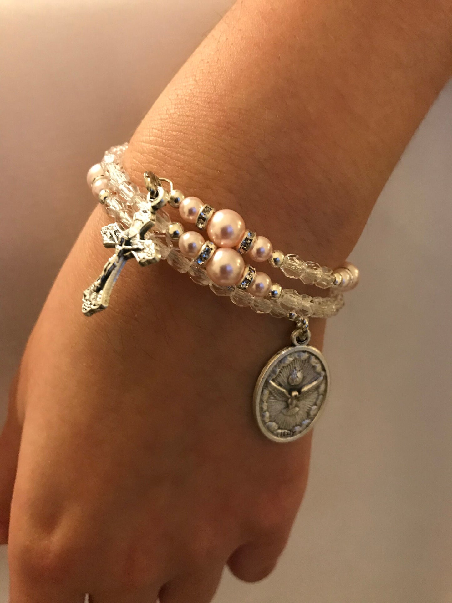 First Holy Communion Rosary Bracelet, Rosary Bracelet, Crystal Clear Rosary Bracelet, Five Decade Wrap Rosary, Memory Wire Rosary Bracelet