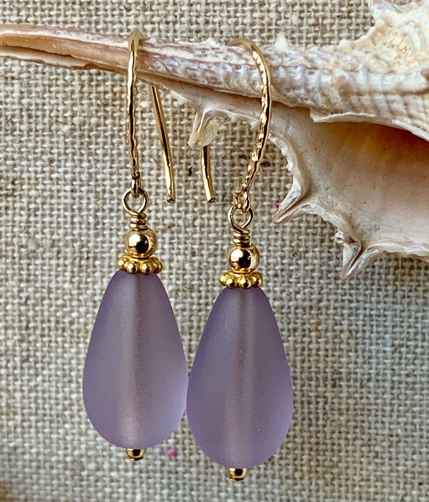 Gold Filled Sea Glass Light Purple Earrings,Lavender Periwinkle Sea Glass Earrings,Gold Sea Glass Earrings,Purple Teardrop Seaglass Earrings