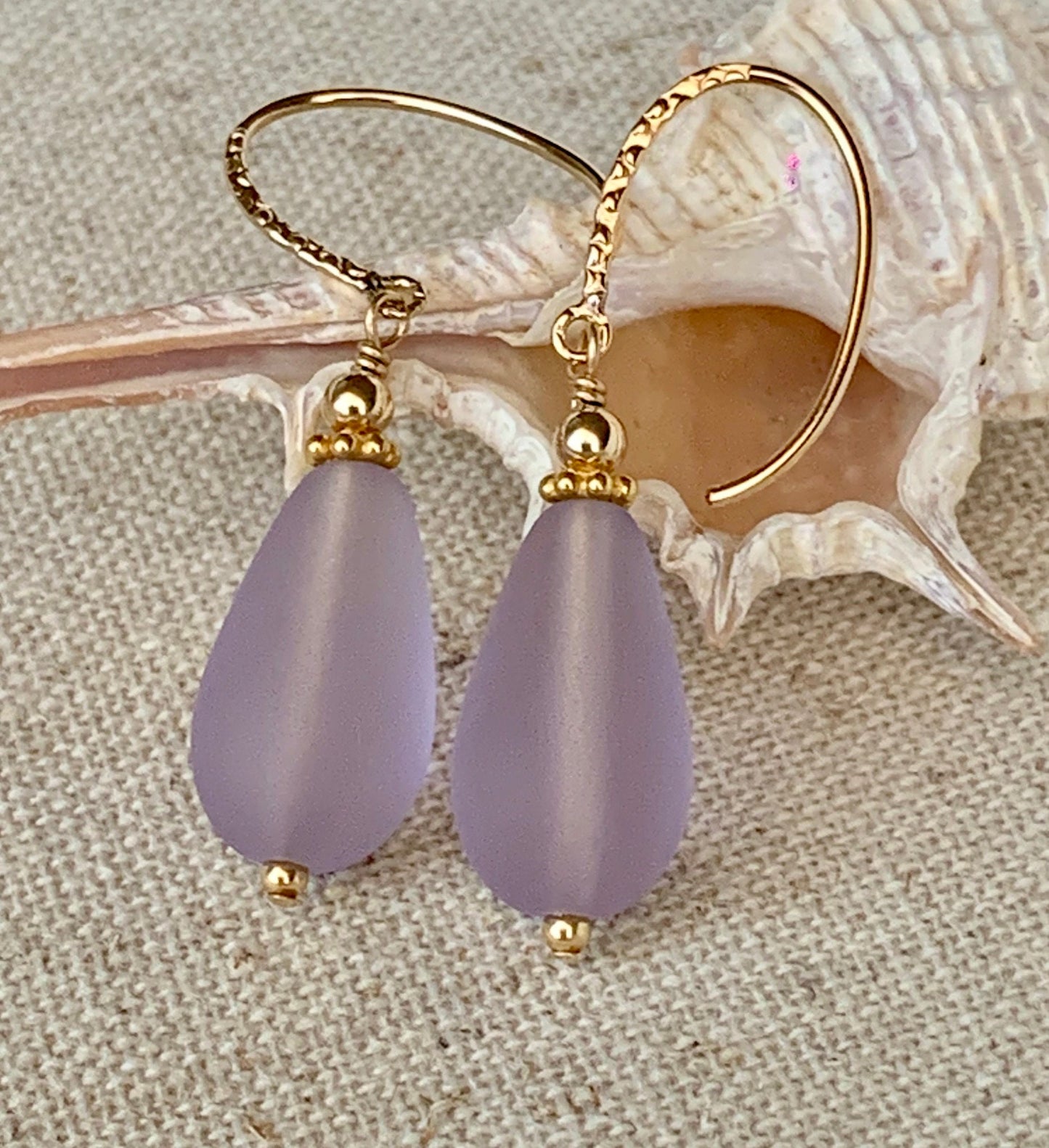 Gold Filled Sea Glass Light Purple Earrings,Lavender Periwinkle Sea Glass Earrings,Gold Sea Glass Earrings,Purple Teardrop Seaglass Earrings