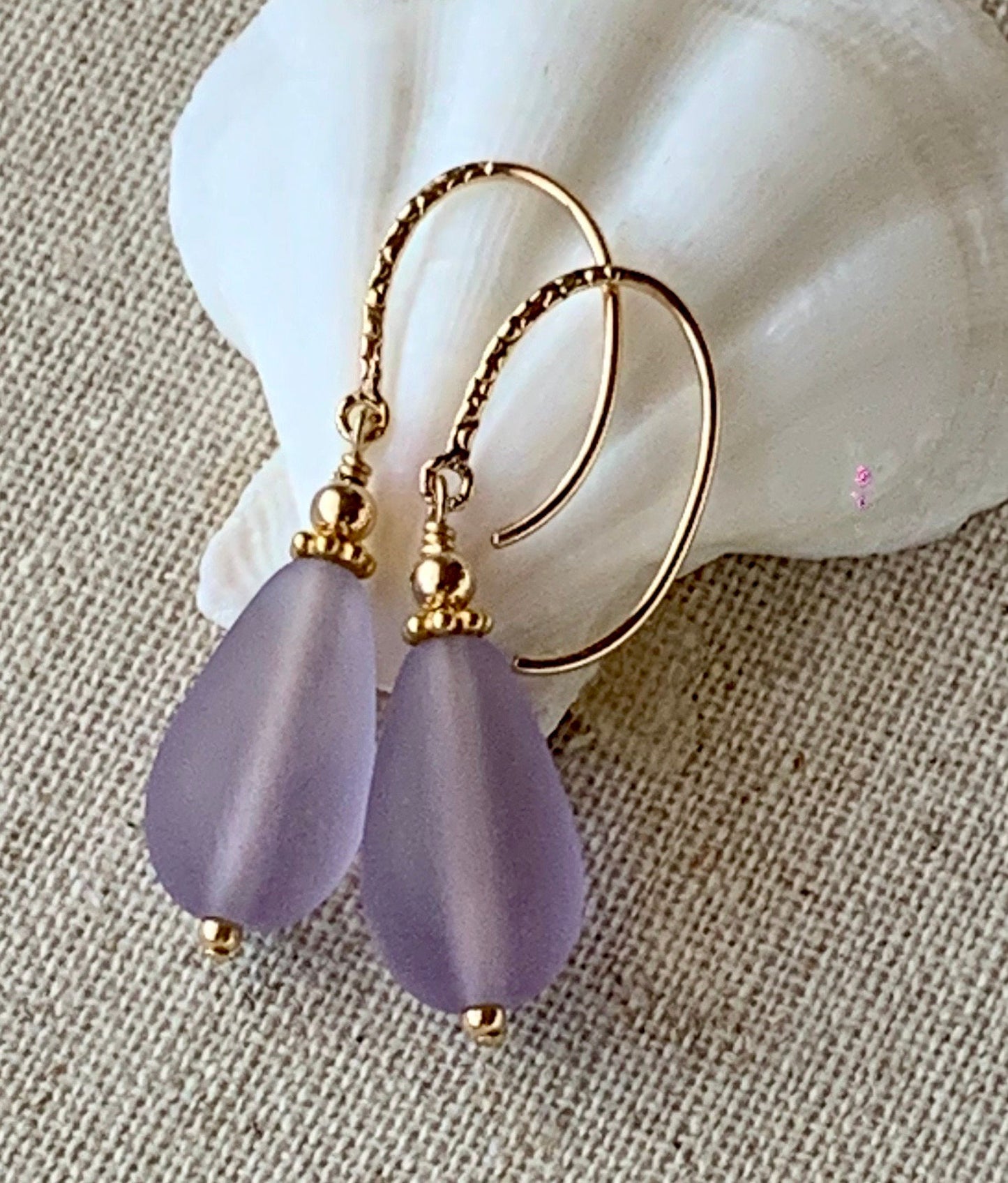 Gold Filled Sea Glass Light Purple Earrings,Lavender Periwinkle Sea Glass Earrings,Gold Sea Glass Earrings,Purple Teardrop Seaglass Earrings