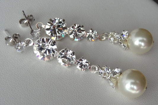 PRESTIGE Crystal Pearls and Rhinestone Post  Sterling Silver  Earrings, Weddings Bride Bridal Earrings, Bridesmaids Earrings