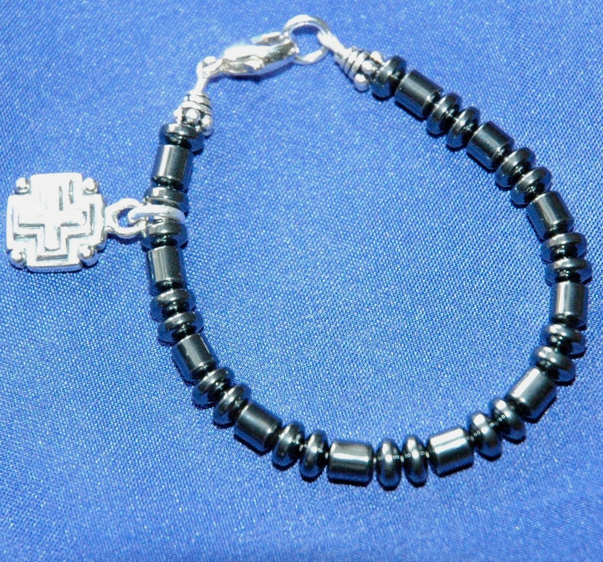 Sterling Catholic Baby Boy Cross Baptism Communion Black Onyx Bracelet