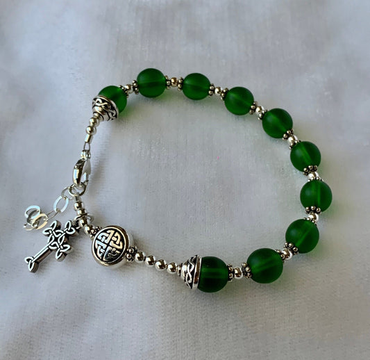 Celtic Sea Glass Green Rosary Bracelet, Sterling Silver Celtic Rosary Bracelet, One Decade Rosary Bracelet,Celtic Irish Knot Rosary Bracelet