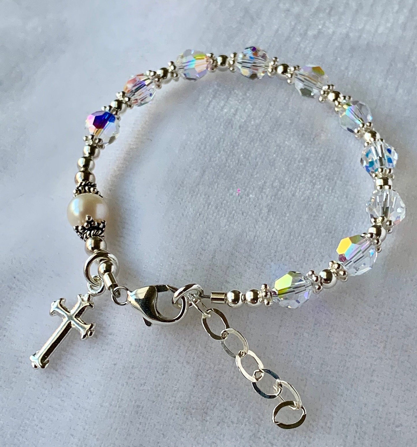 Sterling Silver Freshwater Pearl  and Crystal First Holy Communion Rosary Bracelet