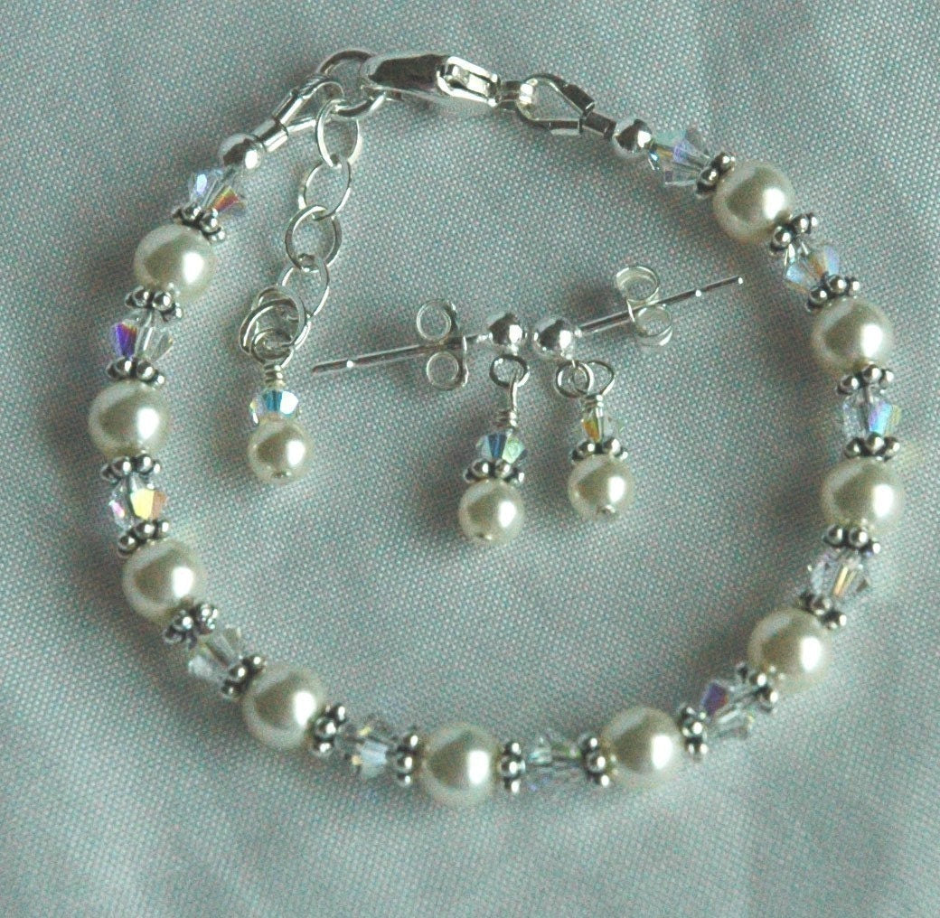 Pearl Flower Girl Jewelry Set,Birthstone Bracelet,Birthstone Earrings,Flower Girl Bracelet,Pearl and Crystal Bracelet Set,Flower Girl Gift