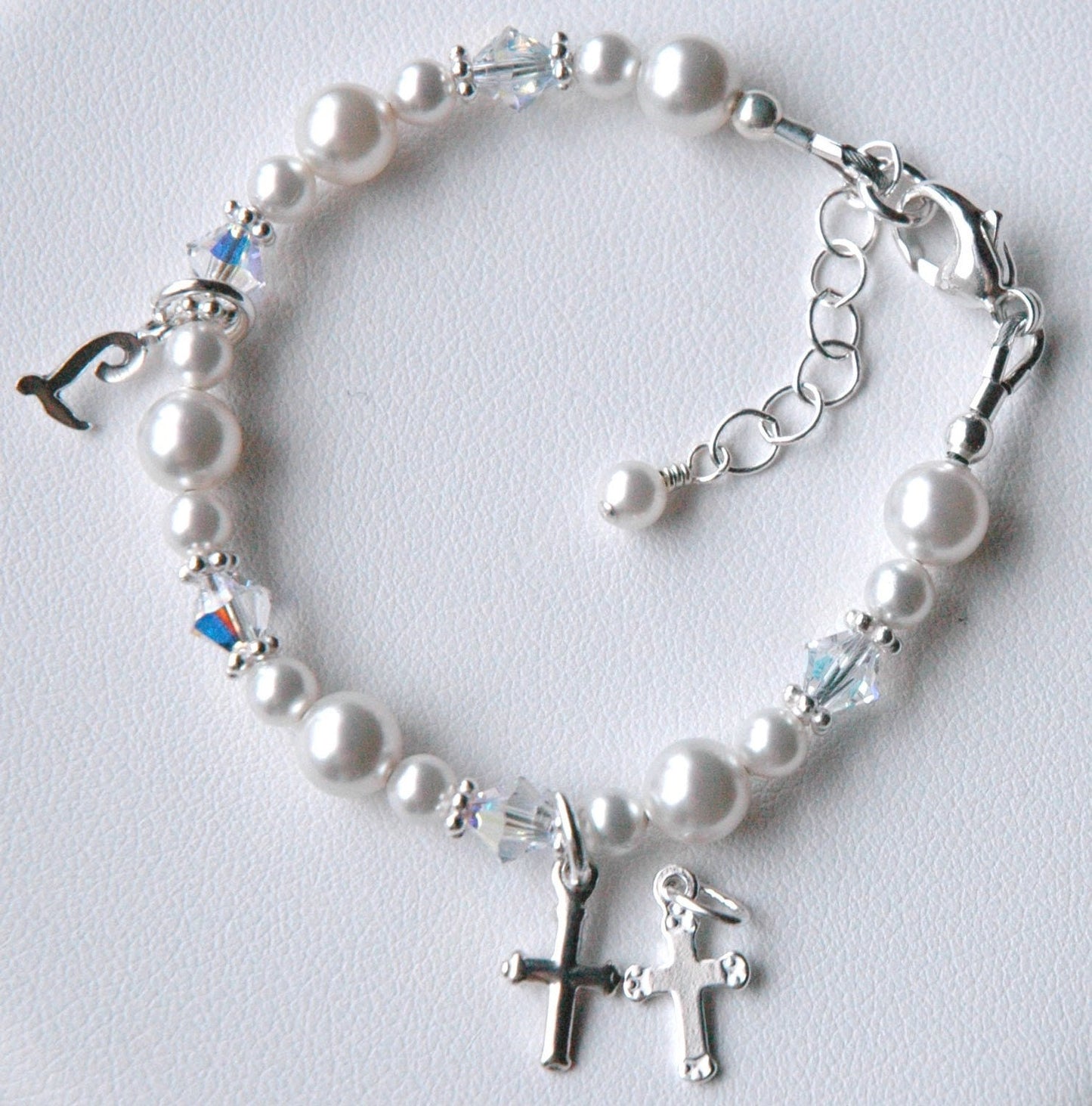Baptism Personalized Cross Initial Pearl Bracelet,Confirmation Bracelet,First Communion Bracelet,Flower Girl Bracelet,Sideway Cross Bracelet