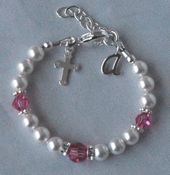 Baby Initial Pearl Cross Bracelet,Baptism Pearl Bracelet,Personalized First Communion Pearl Bracelet,Baby Girl  Pearl Cross Pearl Bracelet