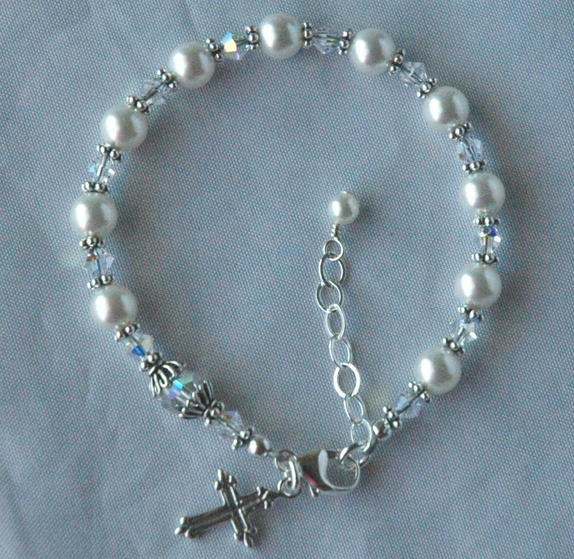 Baby Pearl Bracelet,Cross Pearl Bracelet,Baptism Pearl Bracelet,First Communion Confirmation Bracelet,Flower Girl Bracelet,Granddaughter