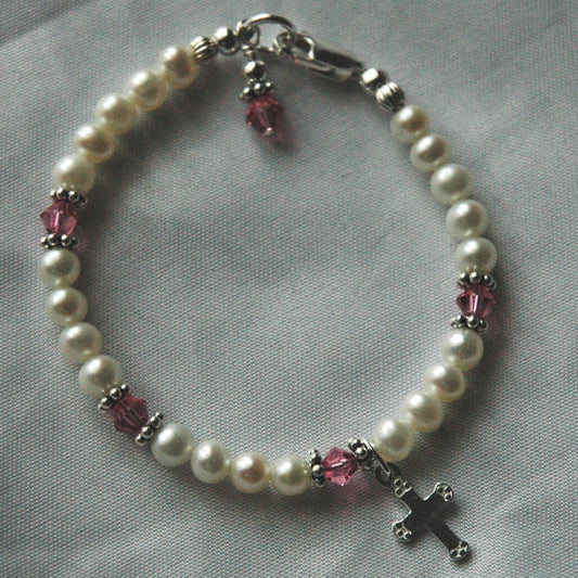 Pearl Cross Children Birthstones Bracelet, Baptism Bracelet, Baby Girl Cross Bracelet, Initial Bracelet, Baby Pearl Bracelet,Cross Bracelet