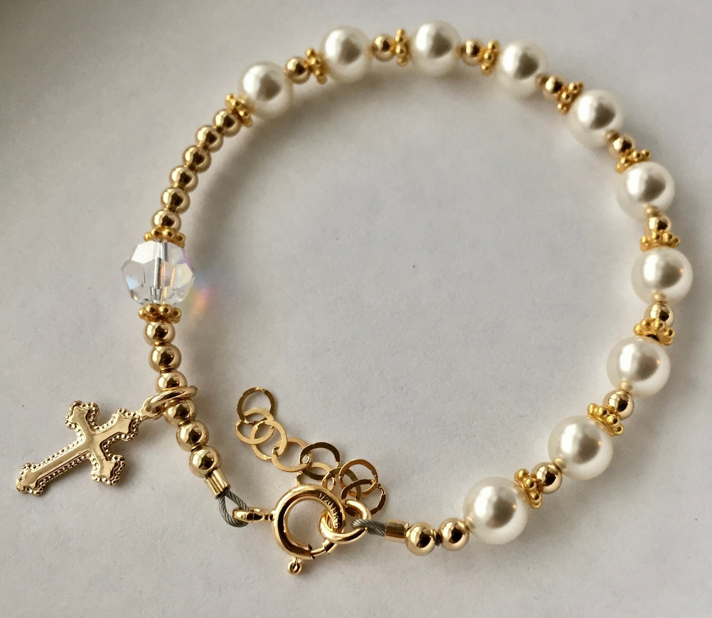 Rosary Pearl Bracelet,Gold Pearl Rosary Bracelet,Gold Cross Bracelet,First Communion Gold Bracelet,Baptism Rosary Pearl Bracelet Chaplet