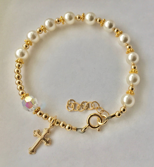 Gold Pearl Rosary Bracelet,Baptism Rosary Pearl Chaplet Bracelet