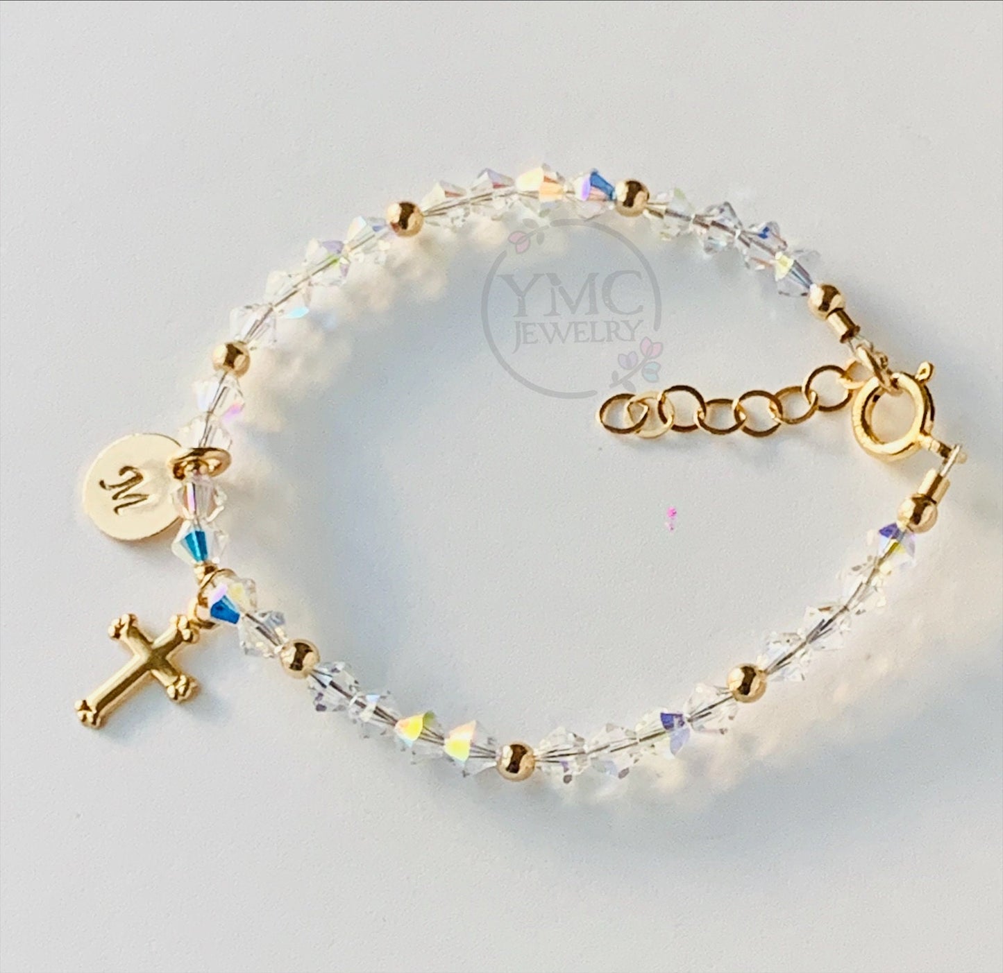 Baby Girl Gold Cross Crystal Bracelet,First Holy Communion Confirmation Crystal Bracelet,Baby Baptism Bracelet Crystal