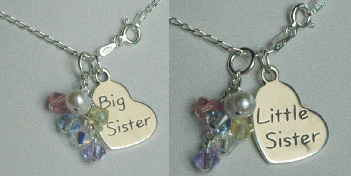 Sterling Silver Big Sister Lil Sister Birthstone Initial Necklace, Monogrammed Necklace, Birthstone, Big Sister Little Sister Necklace