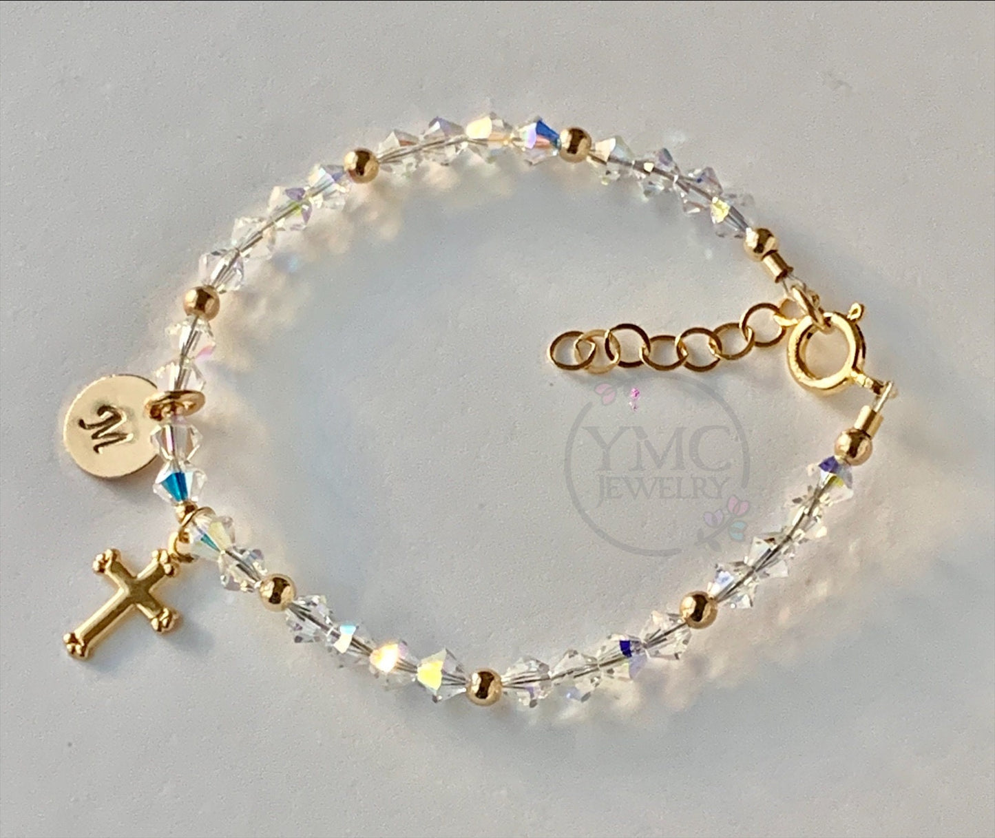 Baby Girl Gold Cross Crystal Bracelet,First Holy Communion Confirmation Crystal Bracelet,Baby Baptism Bracelet Crystal