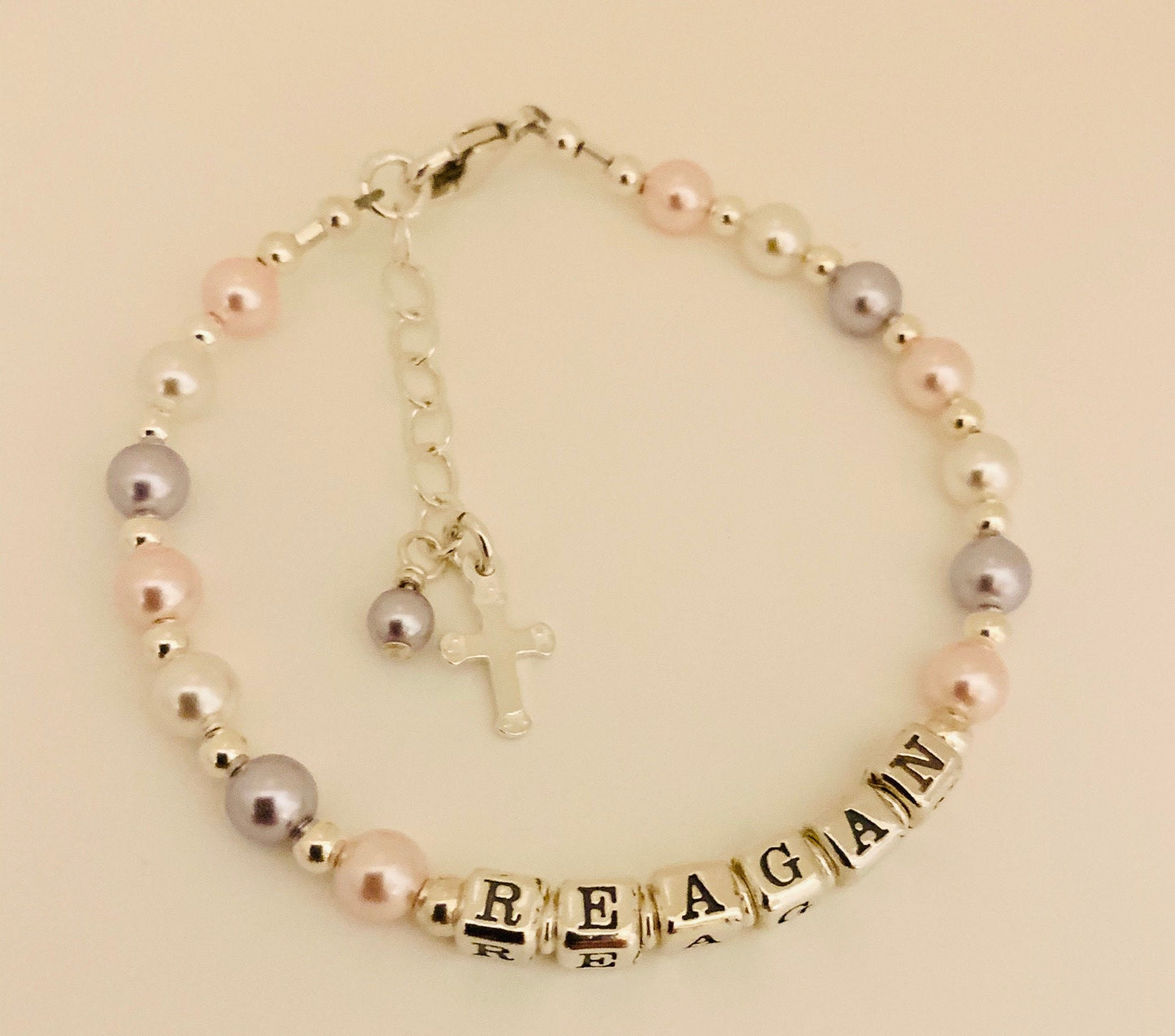 Baptism Pink Pearl Name Bracelet, Baby Pink Name Bracelet,First Communion Bracelet, Baby Pink Girl Bracelet,Pink Lavender Name Bracelet