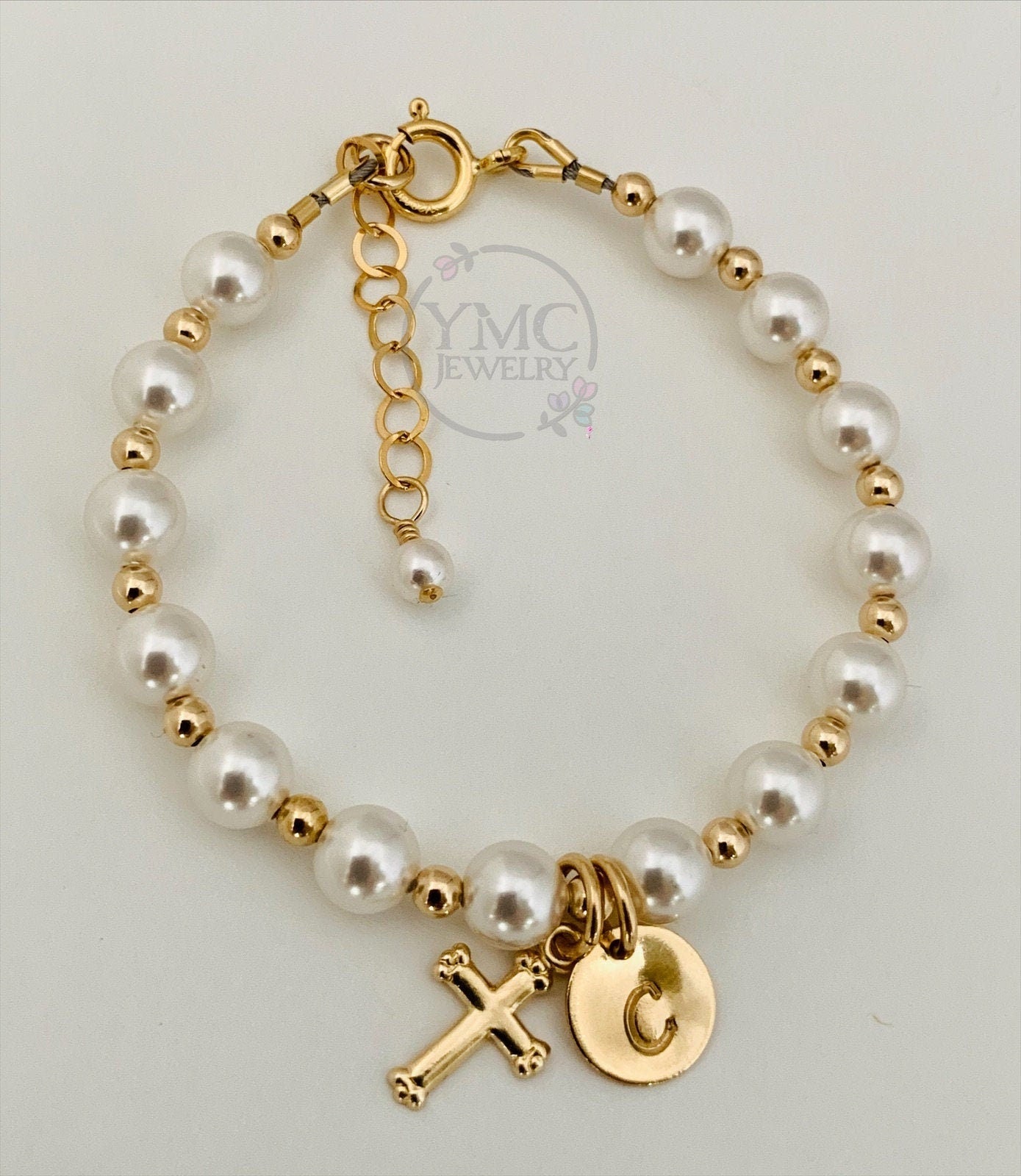 Gold Initial Cross Pearl Baptism Bracelet, Flower Girl Bracelet, Pearl Baptism Bracelet, First Communion, Confirmation, Baby Pearl Bracelet