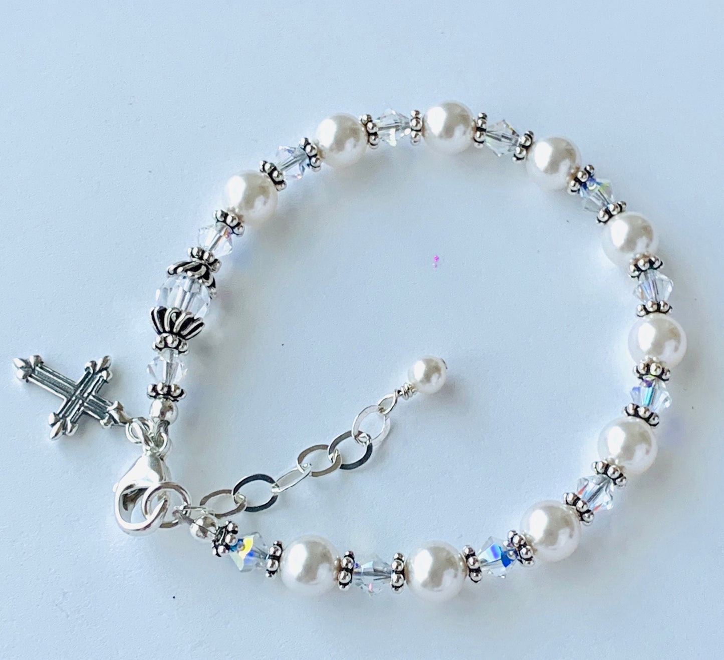 Sterling Silver First Holy Communion Pearl Chaplet Rosary Bracelet
