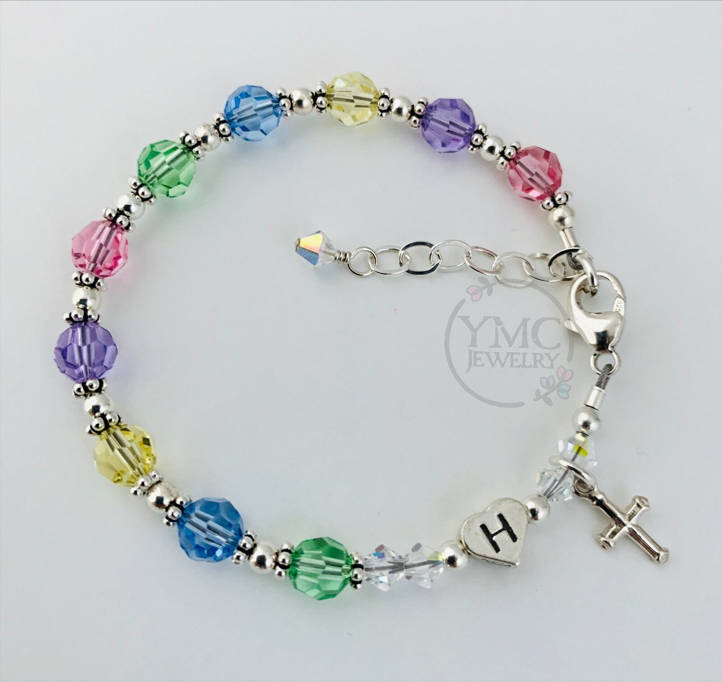 Personalized Multicolor Pastel Crystal Initial Rosary Chaplet Bracelet