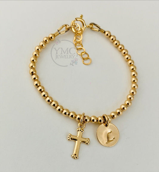 Personalized Gold Initial Cross Bracelet,Flower Girls Bracelet,Gold Baptism Bracelet,Confirmation Bracelet,Baby Cross Bracelet,Gold Bracelet