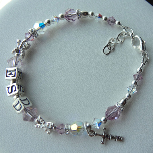 Initial Name Bracelet,Personalized Baby Name Bracelet,Baptism Cross Bracelet,Christening,First Holy Communion Bracelet,Pink Lavender Bracele
