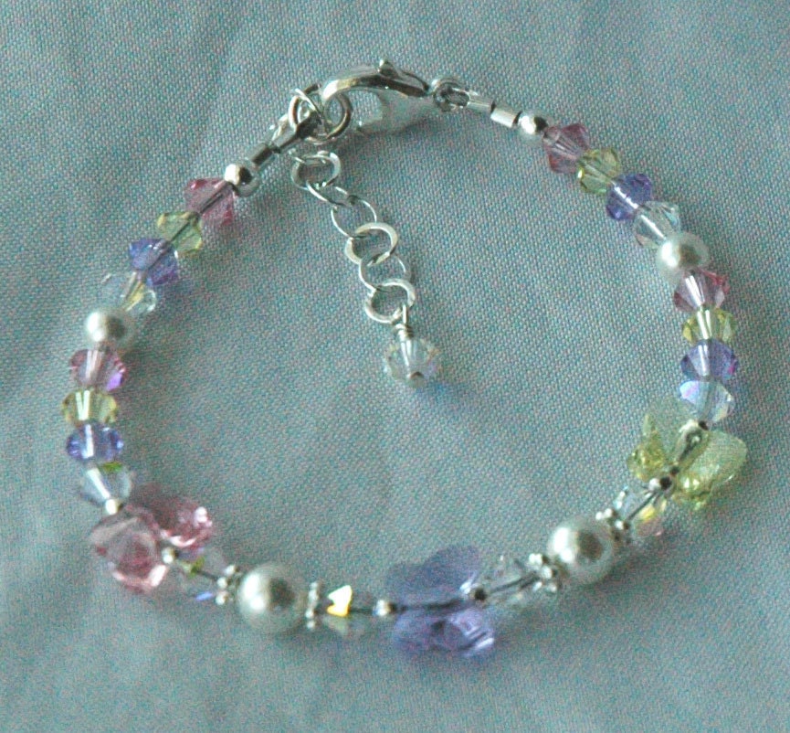 Crystal Butterfly Bracelet,Flower Girl Bracelet,Yellow Violet Pink Bracelet,Pastel Bracelet,Pink Bracelet,Butterflies Bracelet,Easter Basket