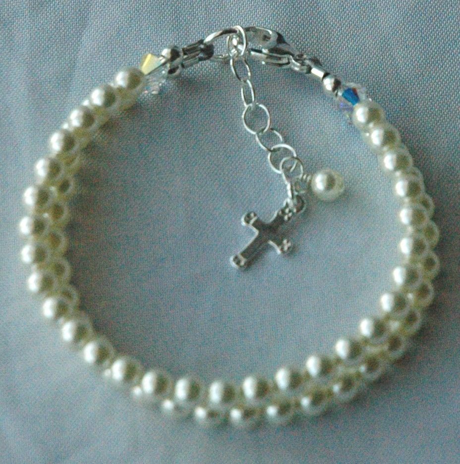 Personalized Silver and Gold Initial Baptism Bracelet,Flower Girl Pearl Bracelet,Christening, First Communion, Confirmation, Baby Bracelet