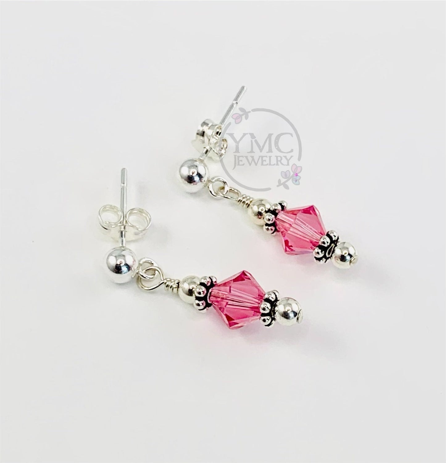 Personalized Birthstone Pink Stud Dangle Post Earrings,Flower Girl Earrings,First Communion Confirmation Earrings,Junior Bridesmaid Earrings