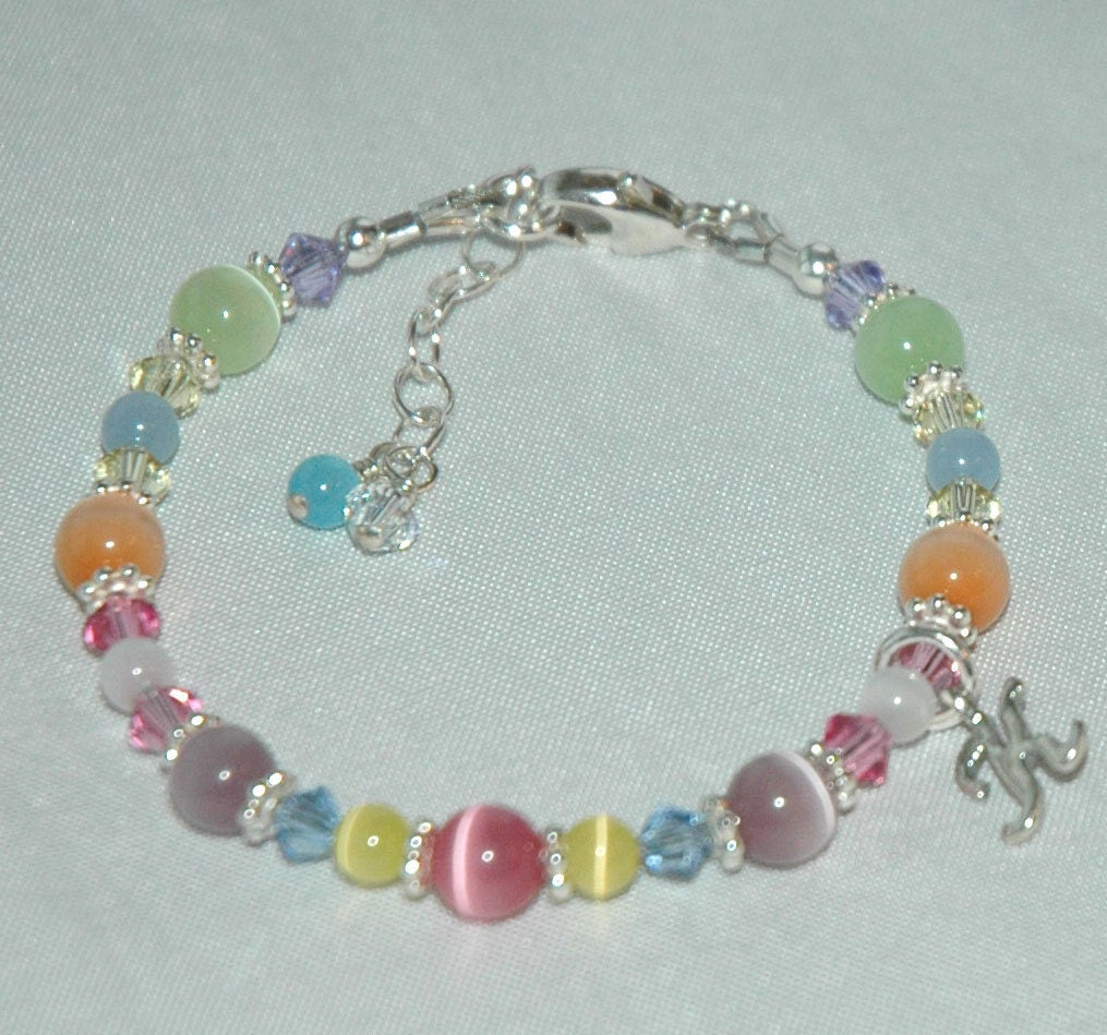 Best Friend BFF Bracelet,Sterling Silver Heart Initial Multicolor Cat Eye and Crystal Children Bracelet,Easter Bracelet,Set two BFF bracelet